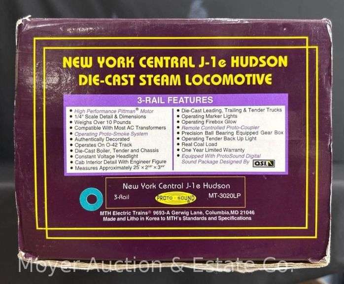 MTH New York Central J-1e Hudson Die-Cast Steam Engine, No. 3020LP, with Original Box