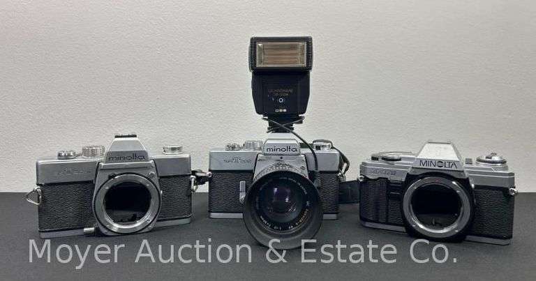 (3) Minolta Film Cameras, 1 with Lens and Flash, SR T202, X-370, and SR TSC-II image