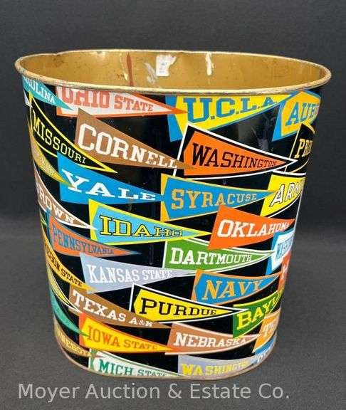 Vintage College Pennant Metal Trash Can, 11.5" Tall image