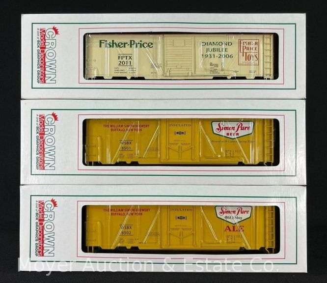 (3) Crown Model Decorators Box Cars, Simon Pure and Fisher Price, O Gauge, with Original Boxes image