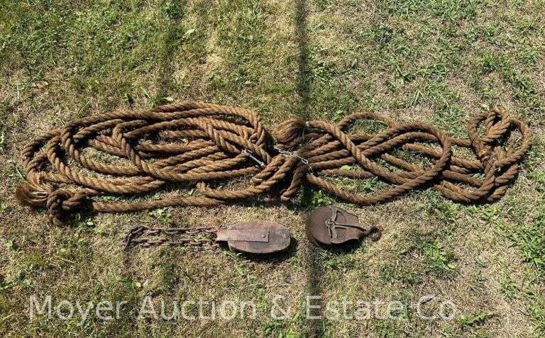 Length of Antique 1” Braided Rope with 2 Wood Pulleys image