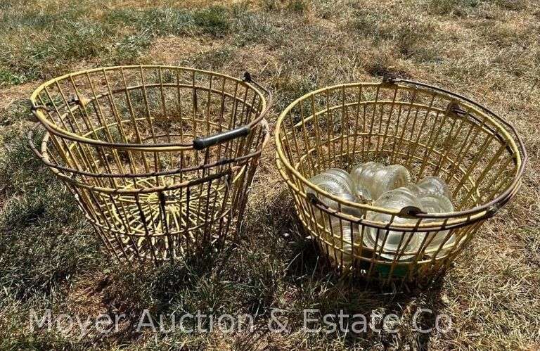 Wood Runner Sled, 3 Wire Egg Baskets, and 6 Clear Glass Insulators
