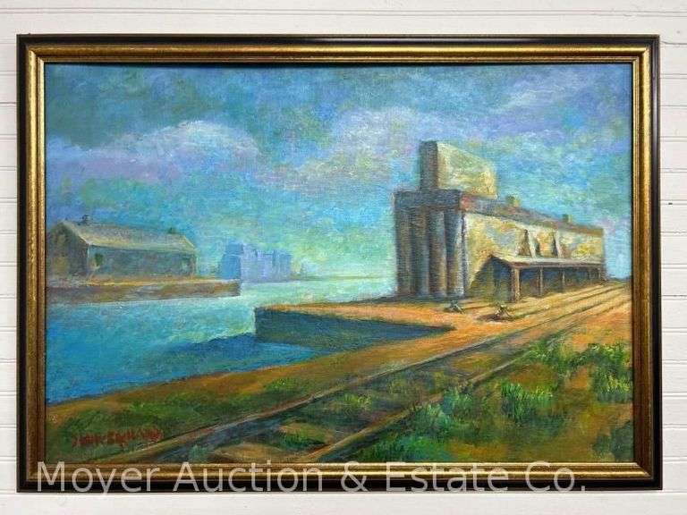 John Schweikhard Painting of Railroad & Grain Elevator, on Canvas, signed & dated '23 image
