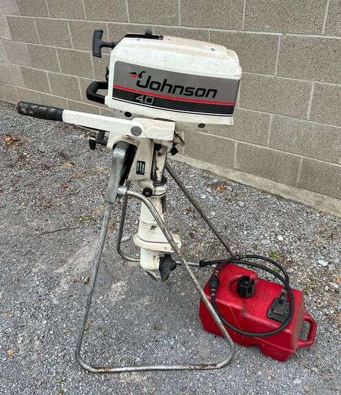 1988 Johnson 4.0hp 2 Stroke Outboard Motor, with 3gal. Plastic Gas Tank, Model #J4RCCS, Turns Over image