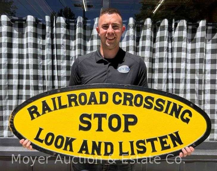 Original "STOP Railroad Crossing Look and Listen" Cast Iron Sign, Good Condition, Repainted, HEAVY image