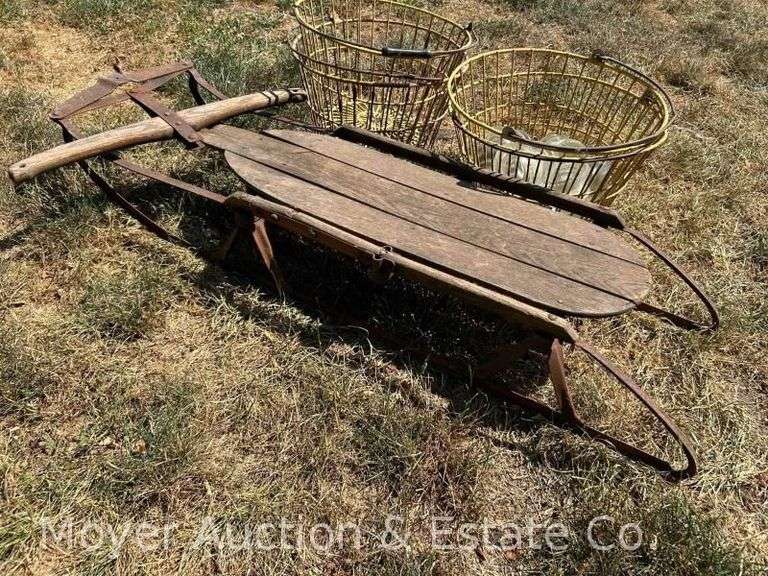 Wood Runner Sled, 3 Wire Egg Baskets, and 6 Clear Glass Insulators