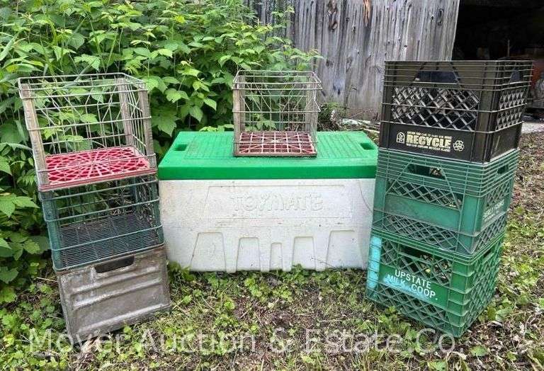 (7) Plastic and Metal Milk Crates with Plastic ToyMate Box, 34”x19”x19” image