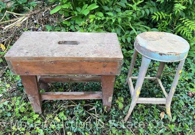 Primitive Country Bench, 24”w with Metal Shop Stool image
