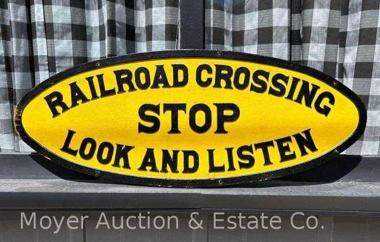Original STOP Railroad Crossing Look and Listen Cast Iron Sign, Good Condition, Repainted, HEAVY image