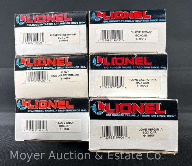 (6) Lionel "I Love" State Box Cars, with Original Boxes