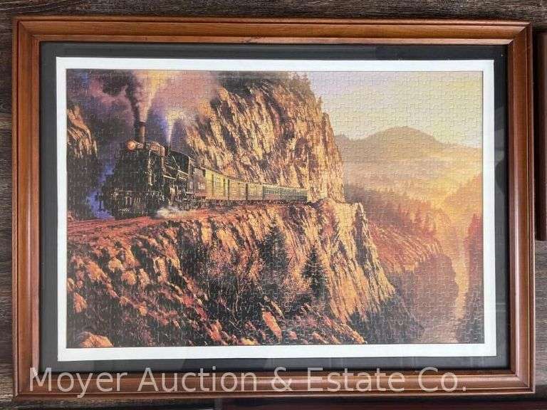 Group of Prints on Metal, Framed Railroad Puzzles, Etc., 14"x11" - 21"x29"