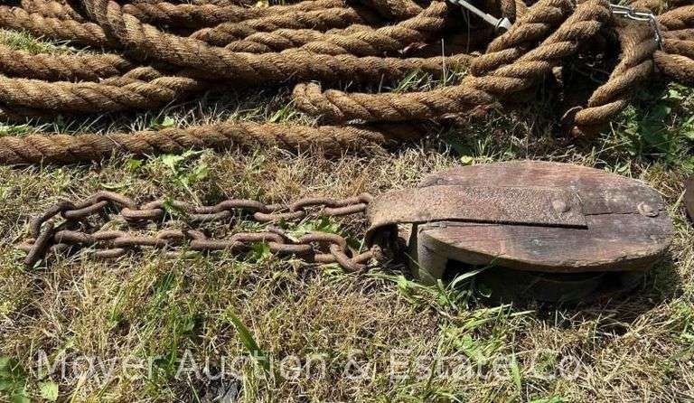 Length of Antique 1” Braided Rope with 2 Wood Pulleys