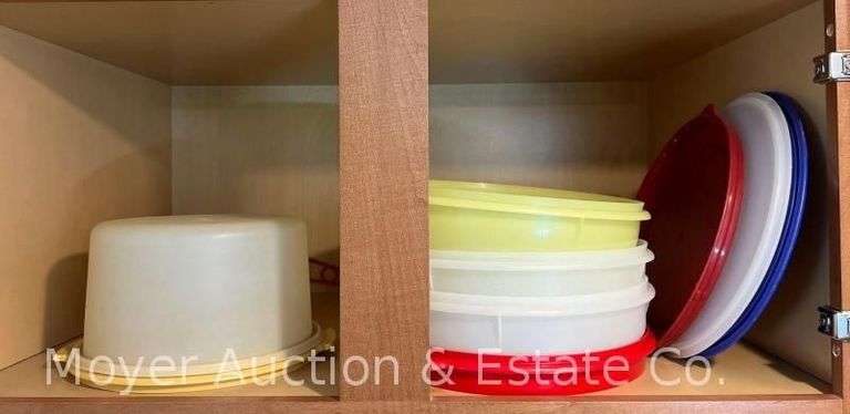 Group of Large Tupperware Storage Containers, Cake Carrier, and Bowl, 11"-12"w image