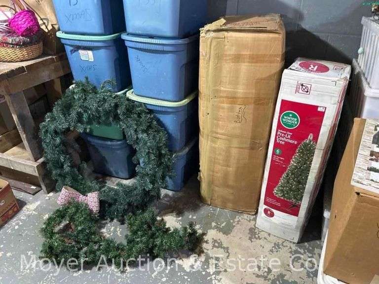 (2) Faux Christmas Trees with Wreaths and Garland image