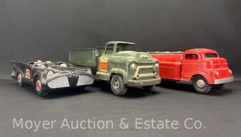 Pressed Steel Strutco and GMC Trucks with Plastic Batmobile, 13"-14.5"w