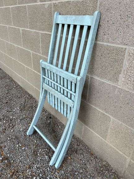 Blue Wooden Folding Chair and Vintage Metal Clam Steamer