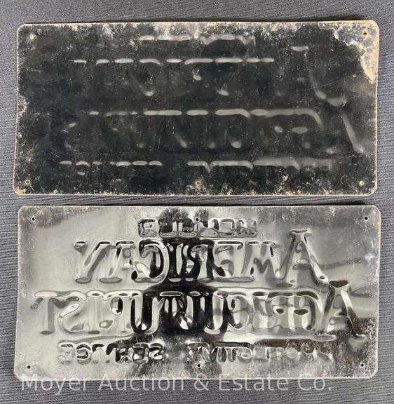 (2) American Agriculturist Protective Service Member Signs, 1955, Metal, 6.5"x13.5"
