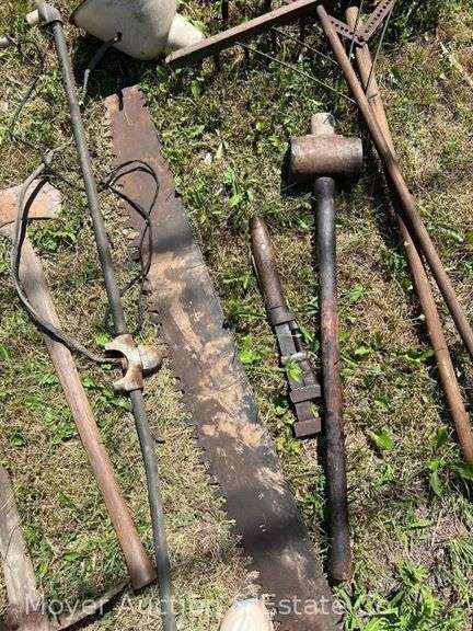 Group of Antique Long Handled Tools, Axe, Saws, Etc.