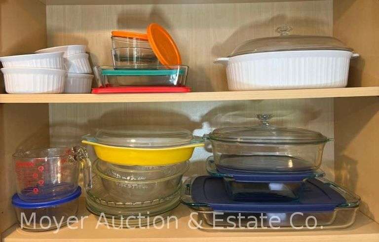 Group of Pyrex and Corningware Casserole Dishes, Food Storage Containers, Pie Plates, Etc. image