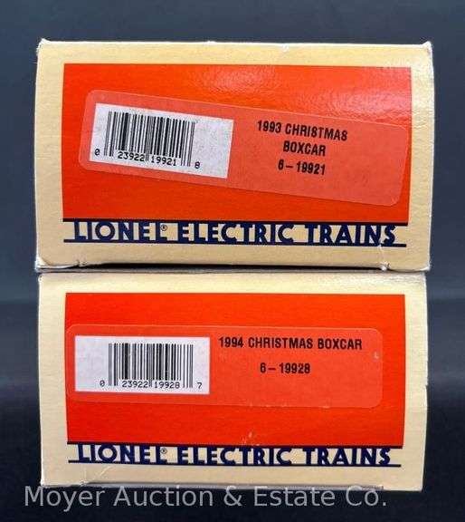 Lionel 1993 and 1994 Christmas Boxcars, No. 19921 and 19928, with Original Boxes