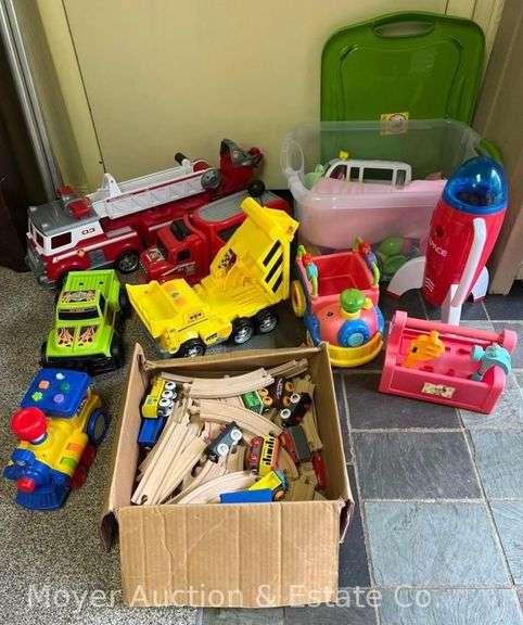 Group of Toys, Trucks, Wood Train Track, Etc. image