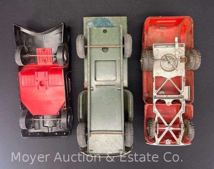Pressed Steel Strutco and GMC Trucks with Plastic Batmobile, 13"-14.5"w