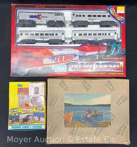 Wood Jigsaw Puzzle, Operation Desert Storm Trading Cards, and Iron Diesel Train Set image