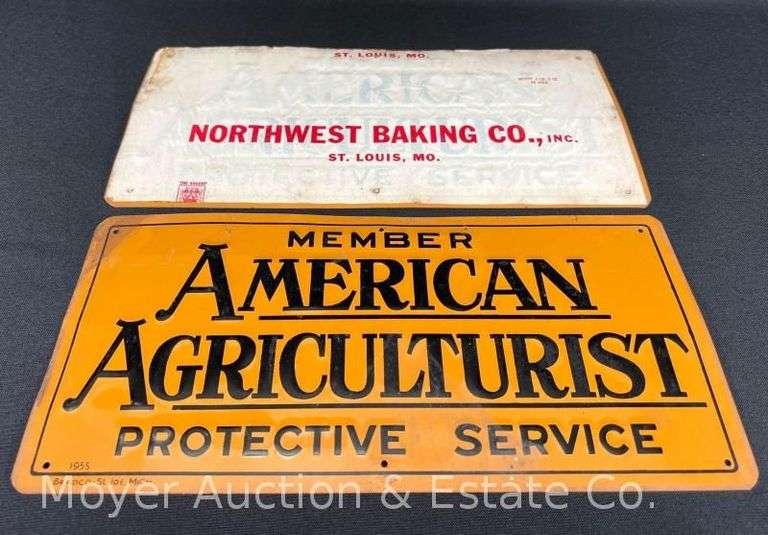 (2) American Agriculturist Protective Service Member Signs, 1955, Metal, 6.5"x13.5"
