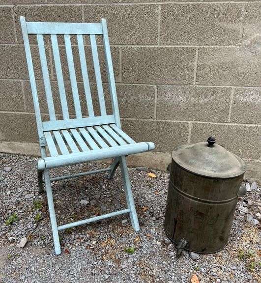 Blue Wooden Folding Chair and Vintage Metal Clam Steamer image