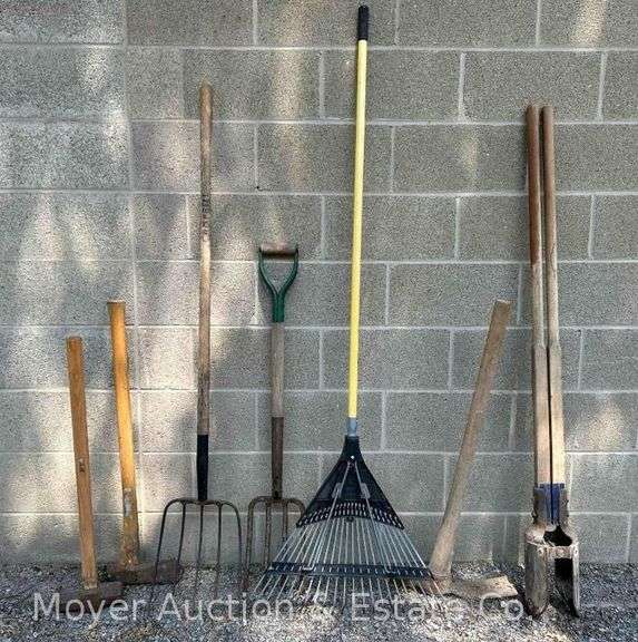 Group of Garden Tools: Sledge, Axe, Forks, Rake, Etc. image