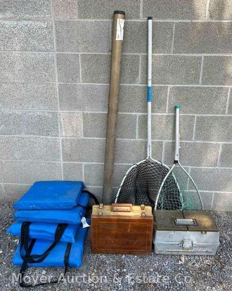 Group of Fishing: 2 Nets, 2 Tackle Boxes, Fishing Pole, & 4 Throwable Type IV Floatation Cushions image