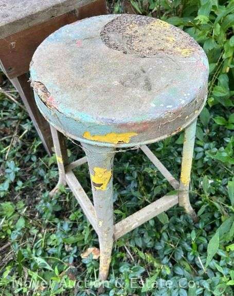Primitive Country Bench, 24”w with Metal Shop Stool