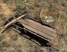 Wood Runner Sled, 3 Wire Egg Baskets, and 6 Clear Glass Insulators