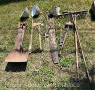 Group of Antique Long Handled Tools, Axe, Saws, Etc.
