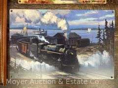 Group of Prints on Metal, Framed Railroad Puzzles, Etc., 14"x11" - 21"x29"