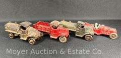 4 Early Cast Iron Toy Cars and Trucks, Race Car Marked Hubley, 5" Long