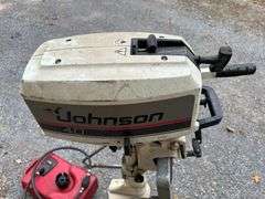 1988 Johnson 4.0hp 2 Stroke Outboard Motor, with 3gal. Plastic Gas Tank, Model #J4RCCS, Turns Over