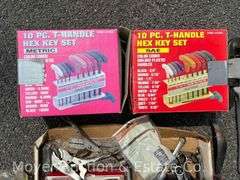 Group of Hand Tools: Wrenches, 2 T-handle Hex Key Sets, Etc.