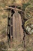 Wood Runner Sled, 3 Wire Egg Baskets, and 6 Clear Glass Insulators