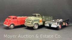 Pressed Steel Strutco and GMC Trucks with Plastic Batmobile, 13"-14.5"w