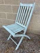 Blue Wooden Folding Chair and Vintage Metal Clam Steamer