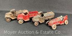 4 Early Cast Iron Toy Cars and Trucks, Race Car Marked Hubley, 5" Long