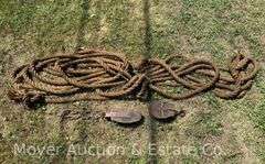 Length of Antique 1” Braided Rope with 2 Wood Pulleys