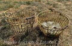 Wood Runner Sled, 3 Wire Egg Baskets, and 6 Clear Glass Insulators