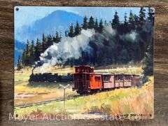 Group of Prints on Metal, Framed Railroad Puzzles, Etc., 14"x11" - 21"x29"