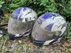 (4) Motorcycle Helmets and Allen Bike Rack