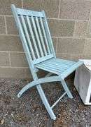 Blue Wooden Folding Chair and Vintage Metal Clam Steamer
