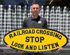 Original "STOP Railroad Crossing Look and Listen" Cast Iron Sign, Good Condition, Repainted, HEAVY