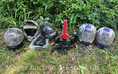 (4) Motorcycle Helmets and Allen Bike Rack