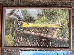 Group of Prints on Metal, Framed Railroad Puzzles, Etc., 14"x11" - 21"x29"